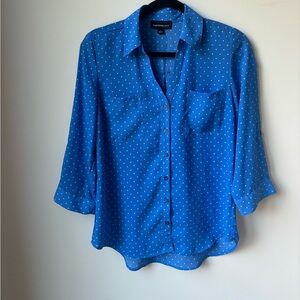 Fortune + Ivy Blue Polka Dot Button Up Blouse Size Small 3/4 Sleeve Cuffed Top